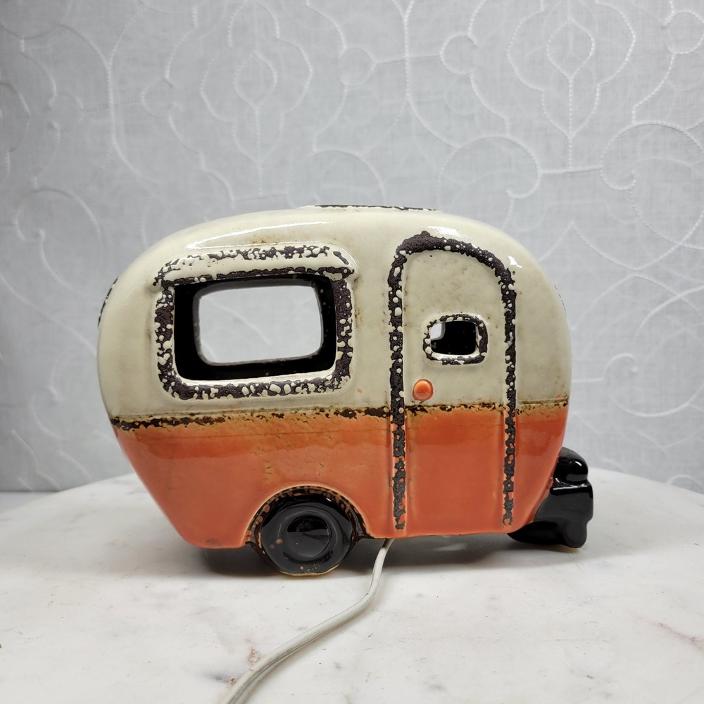 Ceramic Camper Van Lamp Rustic Trailer Light Cream Orange Vintage Style Retro